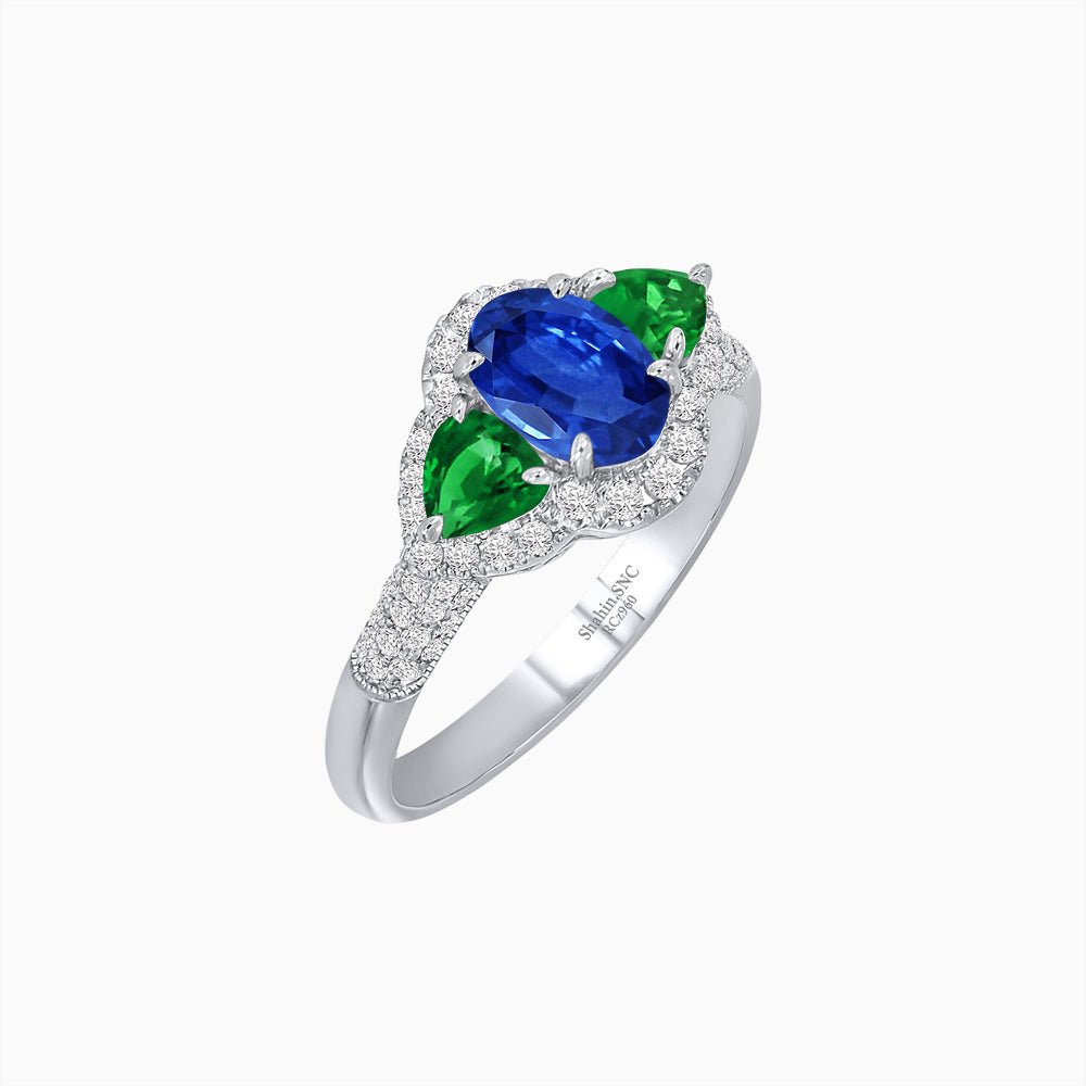Three-Stone Oval Ring with Pear Shape Side Stones and Diamond Halo - Shahin Jewelry