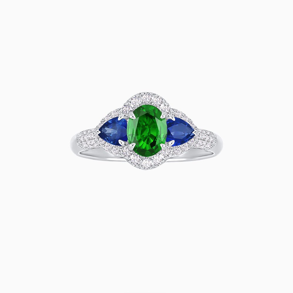 Three-Stone Oval Ring with Pear Shape Side Stones and Diamond Halo - Shahin Jewelry