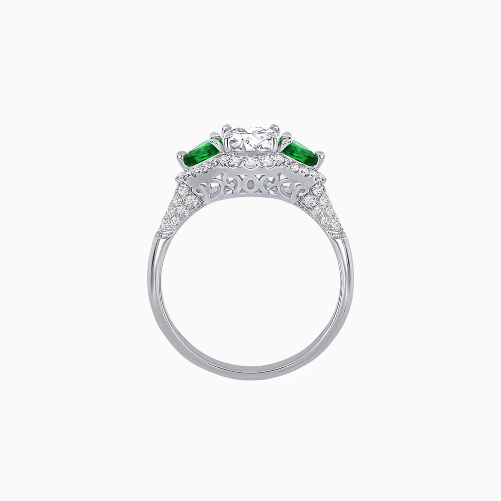 Three-Stone Oval Ring with Pear Shape Side Stones and Diamond Halo - Shahin Jewelry