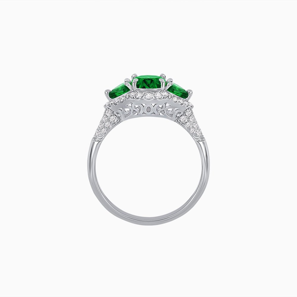 Three-Stone Oval Ring with Pear Shape Side Stones and Diamond Halo - Shahin Jewelry