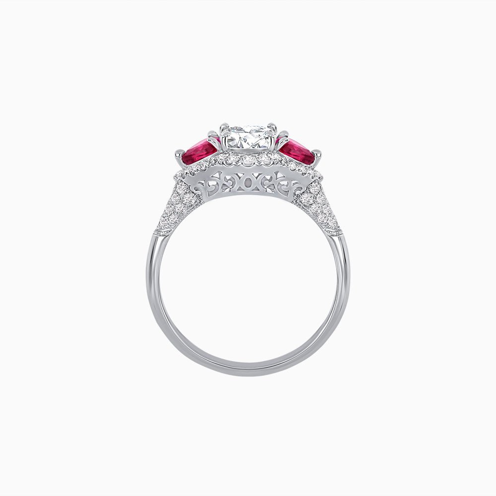 Three-Stone Oval Ring with Pear Shape Side Stones and Diamond Halo - Shahin Jewelry