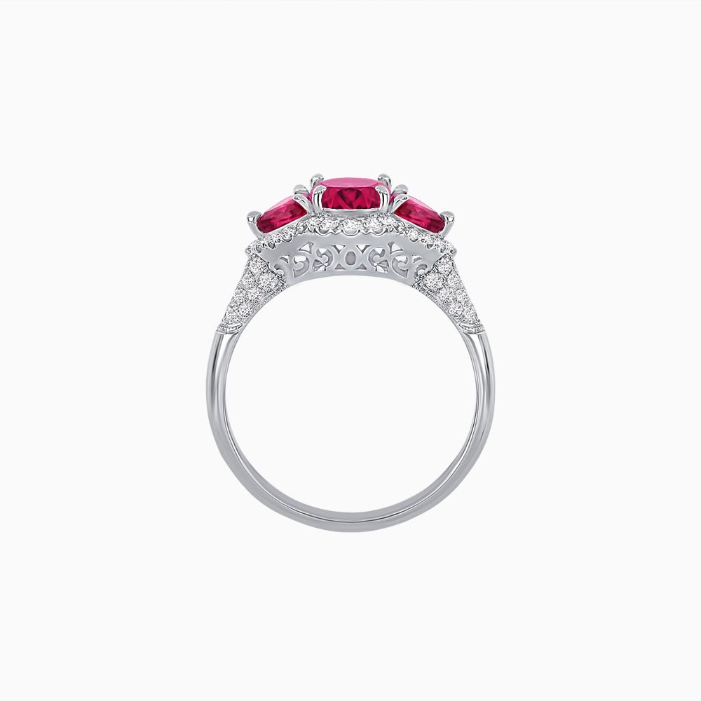 Three-Stone Oval Ring with Pear Shape Side Stones and Diamond Halo - Shahin Jewelry