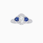 Load image into Gallery viewer, Three-Stone Oval Ring with Pear Shape Side Stones and Diamond Halo - Shahin Jewelry