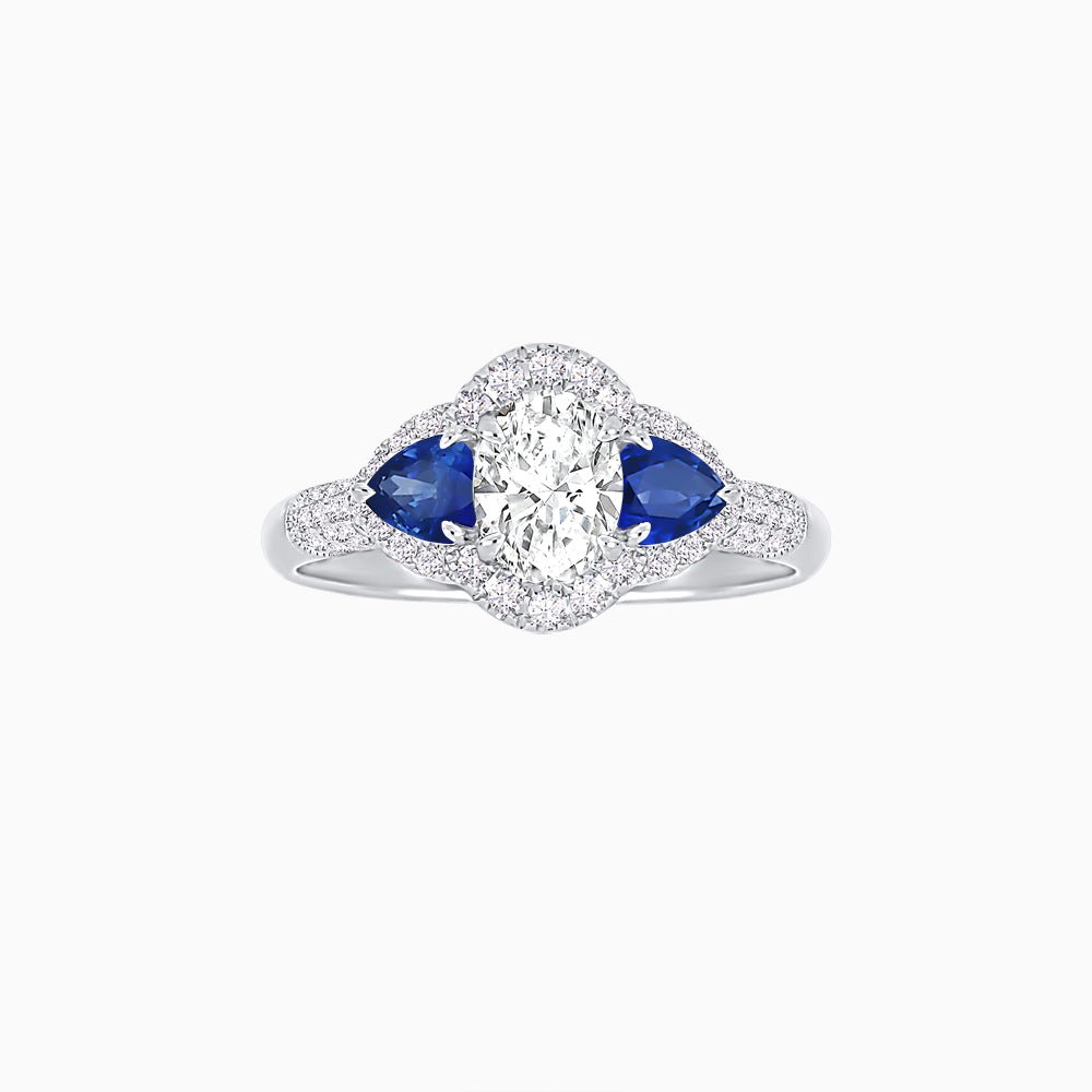 Three-Stone Oval Ring with Pear Shape Side Stones and Diamond Halo - Shahin Jewelry