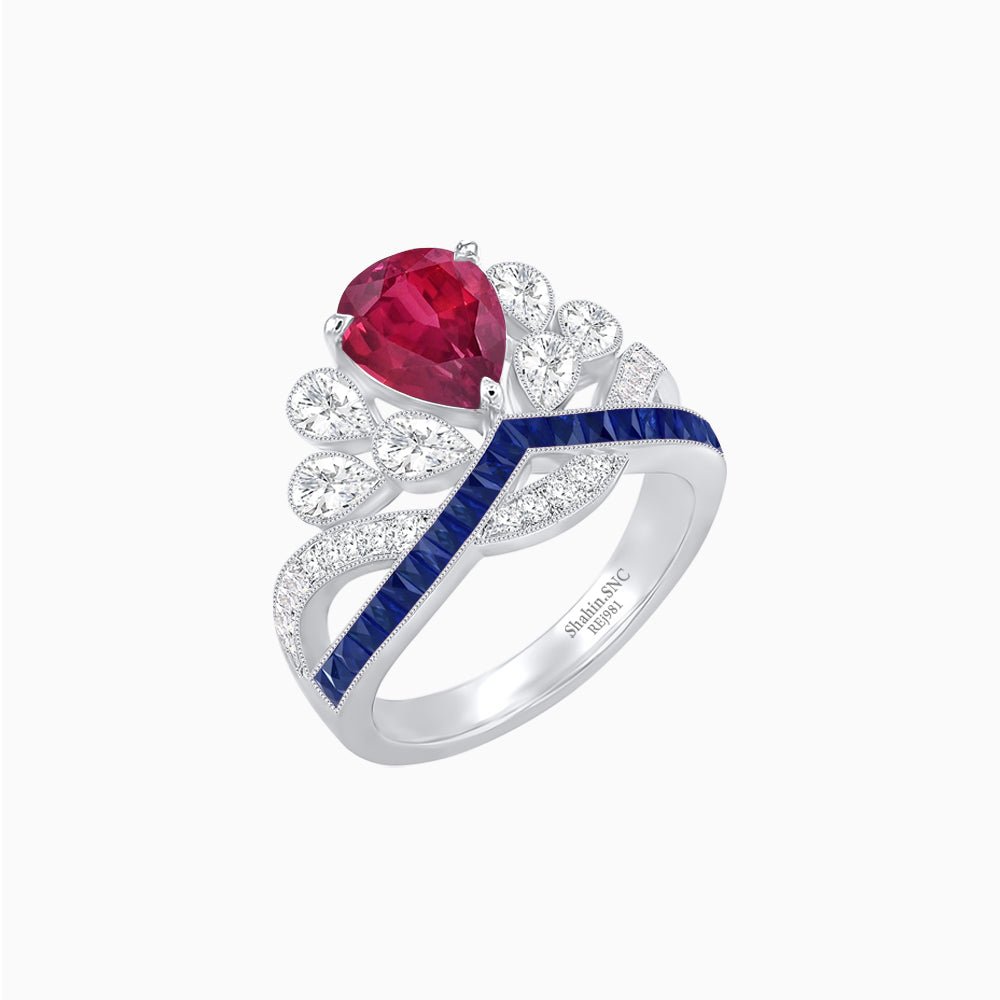 Tiara-Inspired Pear Shape Ring with French-Cut Gemstone Accents - Shahin Jewelry