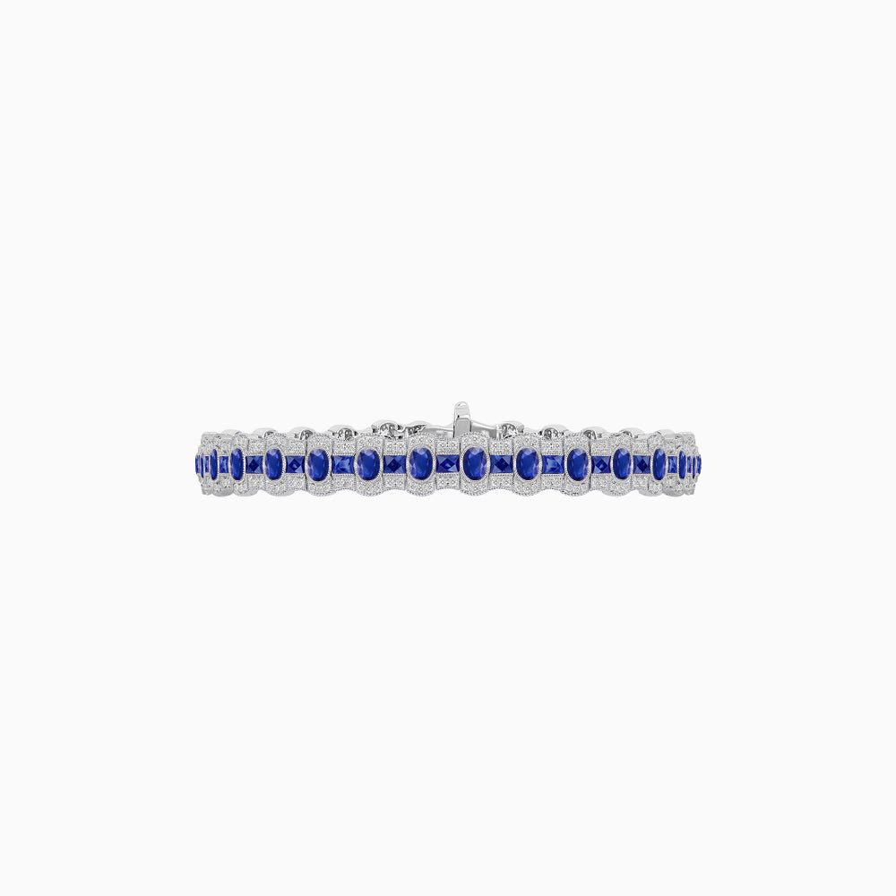 Triple Line Vintage Inspired Oval Blue Sapphire and Diamond Link Bracelet - Shahin Jewelry