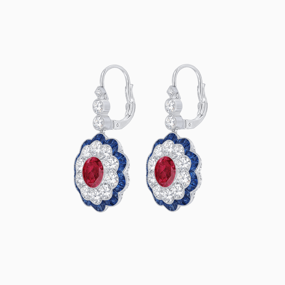 Vintage Floral Dangle Earrings with Diamond Halo and Calibre-Cut Gemstone Accents - Shahin Jewelry