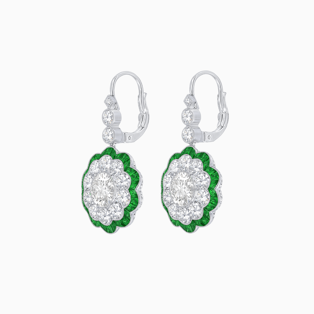 Vintage Floral Dangle Earrings with Diamond Halo and Calibre-Cut Gemstone Accents - Shahin Jewelry