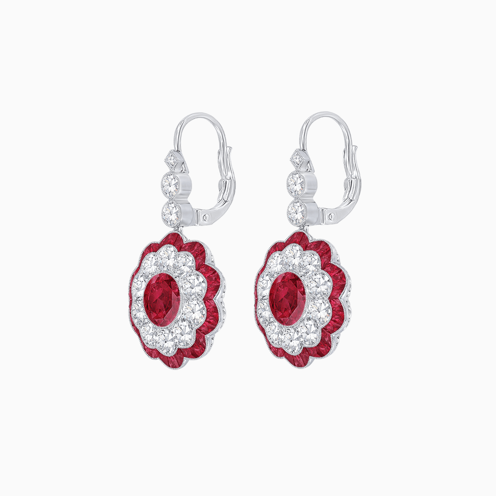 Vintage Floral Dangle Earrings with Diamond Halo and Calibre-Cut Gemstone Accents - Shahin Jewelry