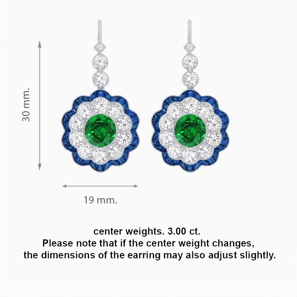 Vintage Floral Dangle Earrings with Diamond Halo and Calibre-Cut Gemstone Accents - Shahin Jewelry