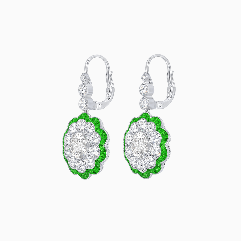 Vintage Floral Dangle Earrings with Diamond Halo and Calibre-Cut Gemstone Accents - Shahin Jewelry