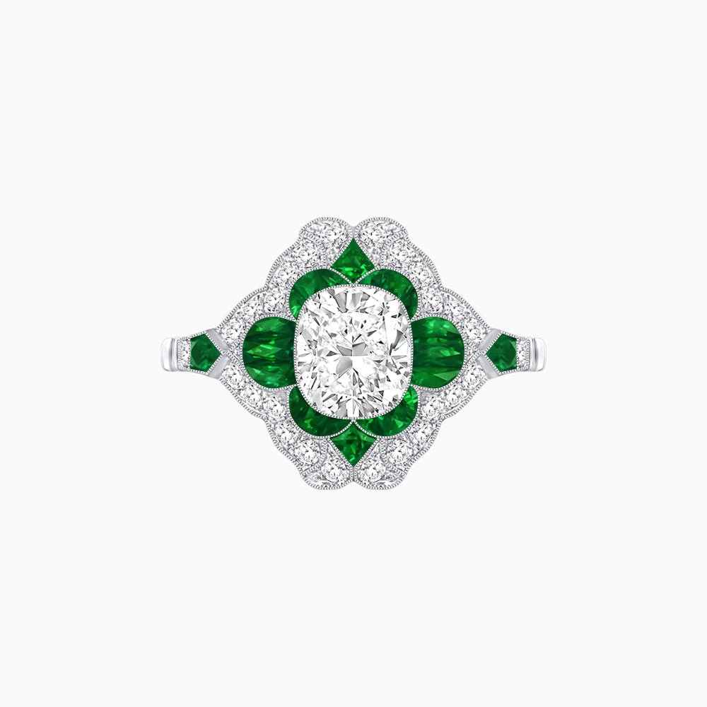Vintage Floral Halo Ring Mounting with Cushion Cut Center Stone and Diamond Accents - Shahin Jewelry