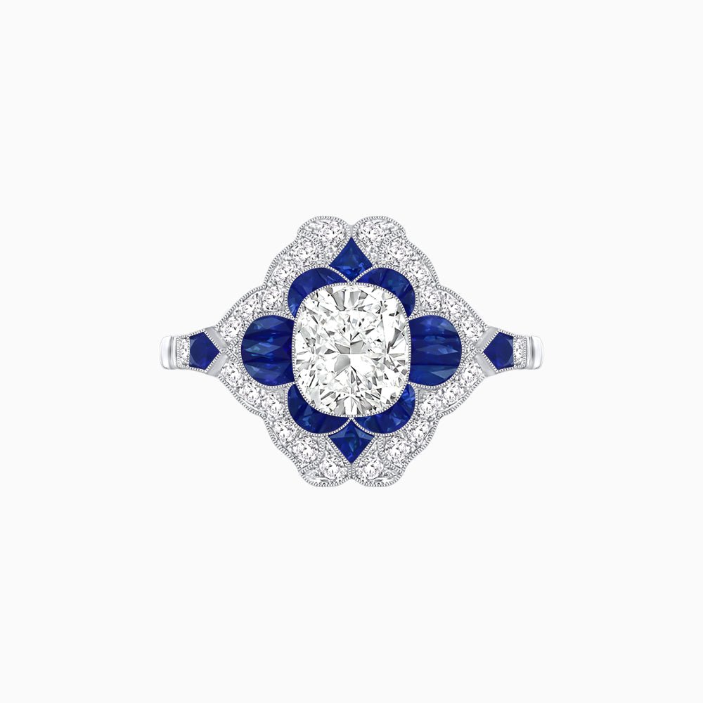 Vintage Floral Halo Ring Mounting with Cushion Cut Center Stone and Diamond Accents - Shahin Jewelry