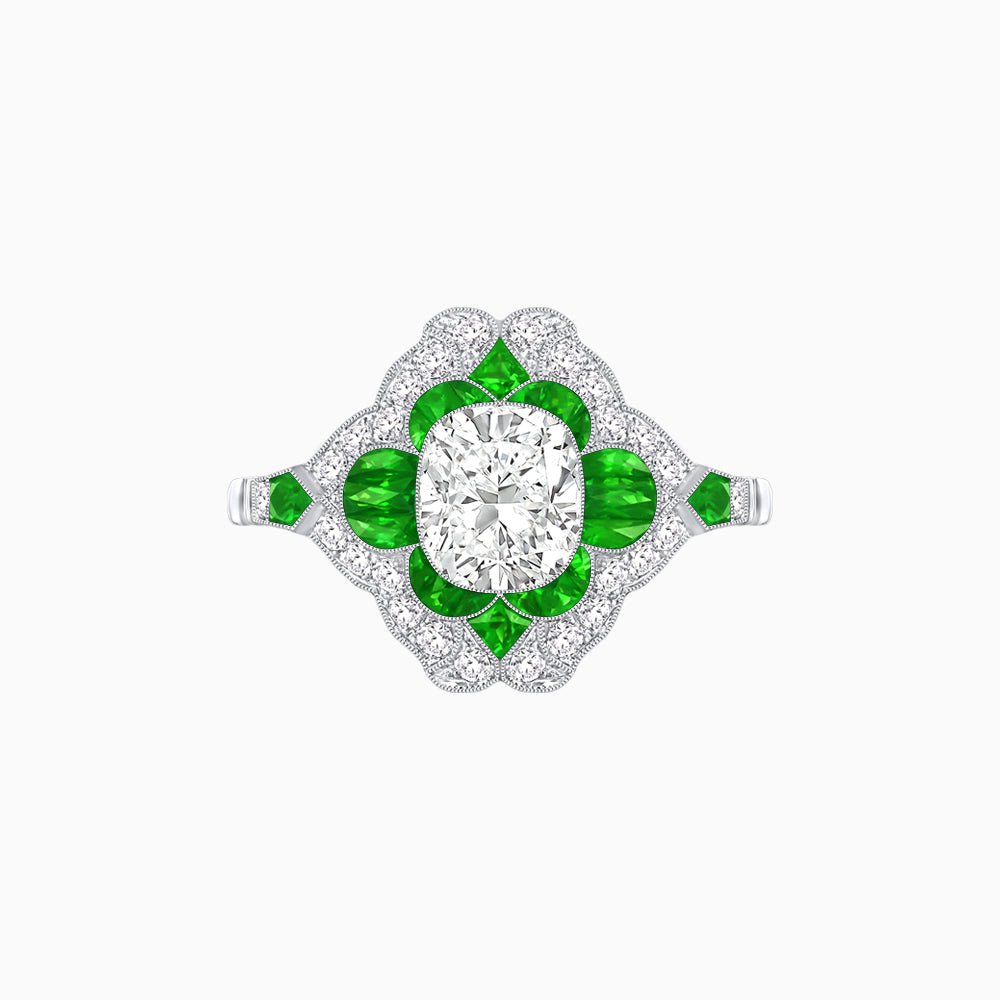 Vintage Floral Halo Ring Mounting with Cushion Cut Center Stone and Diamond Accents - Shahin Jewelry