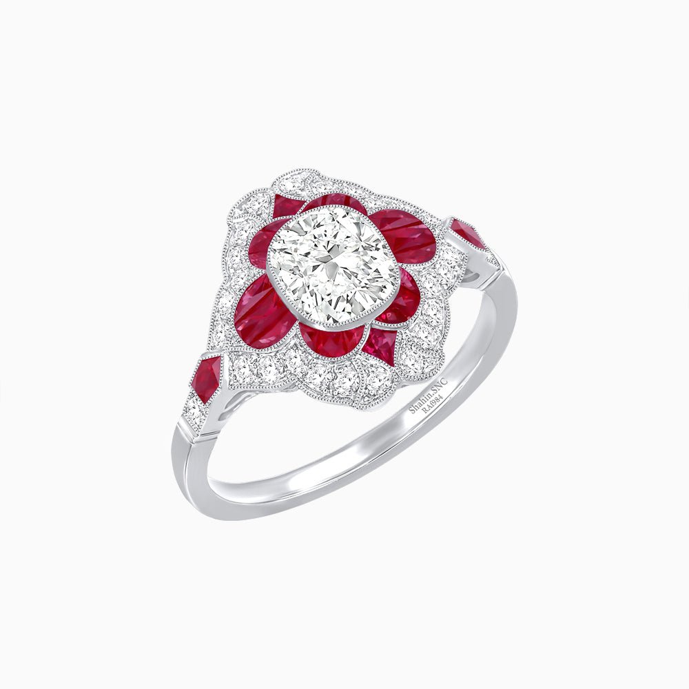 Vintage Floral Halo Ring Mounting with Cushion Cut Center Stone and Diamond Accents - Shahin Jewelry