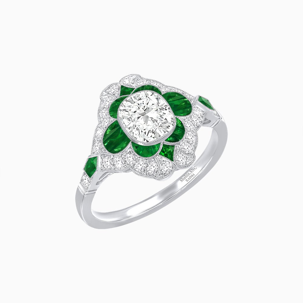 Vintage Floral Halo Ring Mounting with Cushion Cut Center Stone and Diamond Accents - Shahin Jewelry