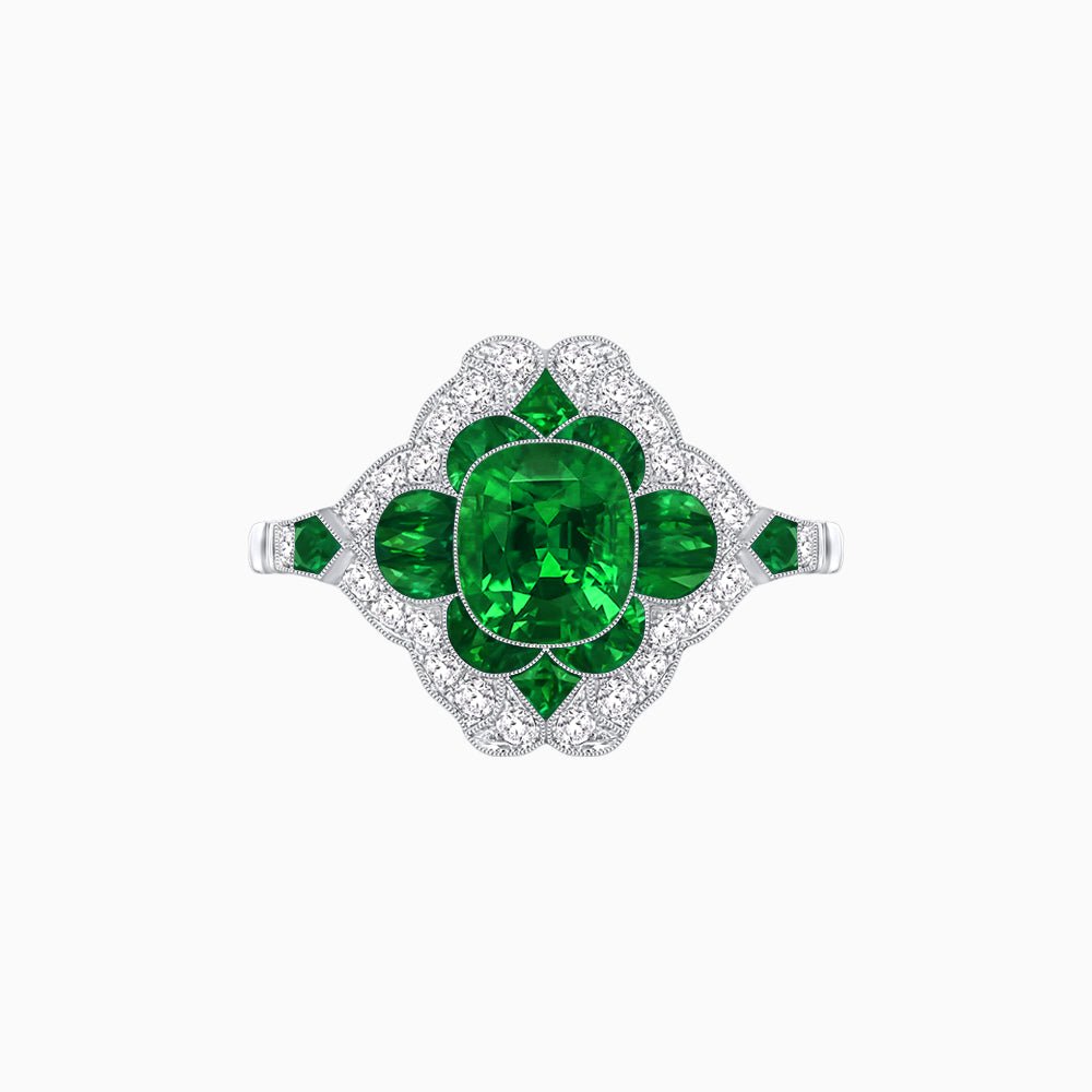 Vintage Floral Halo Ring Mounting with Cushion Cut Center Stone and Diamond Accents - Shahin Jewelry