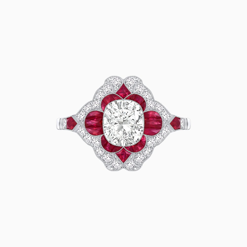 Vintage Floral Halo Ring Mounting with Cushion Cut Center Stone and Diamond Accents - Shahin Jewelry