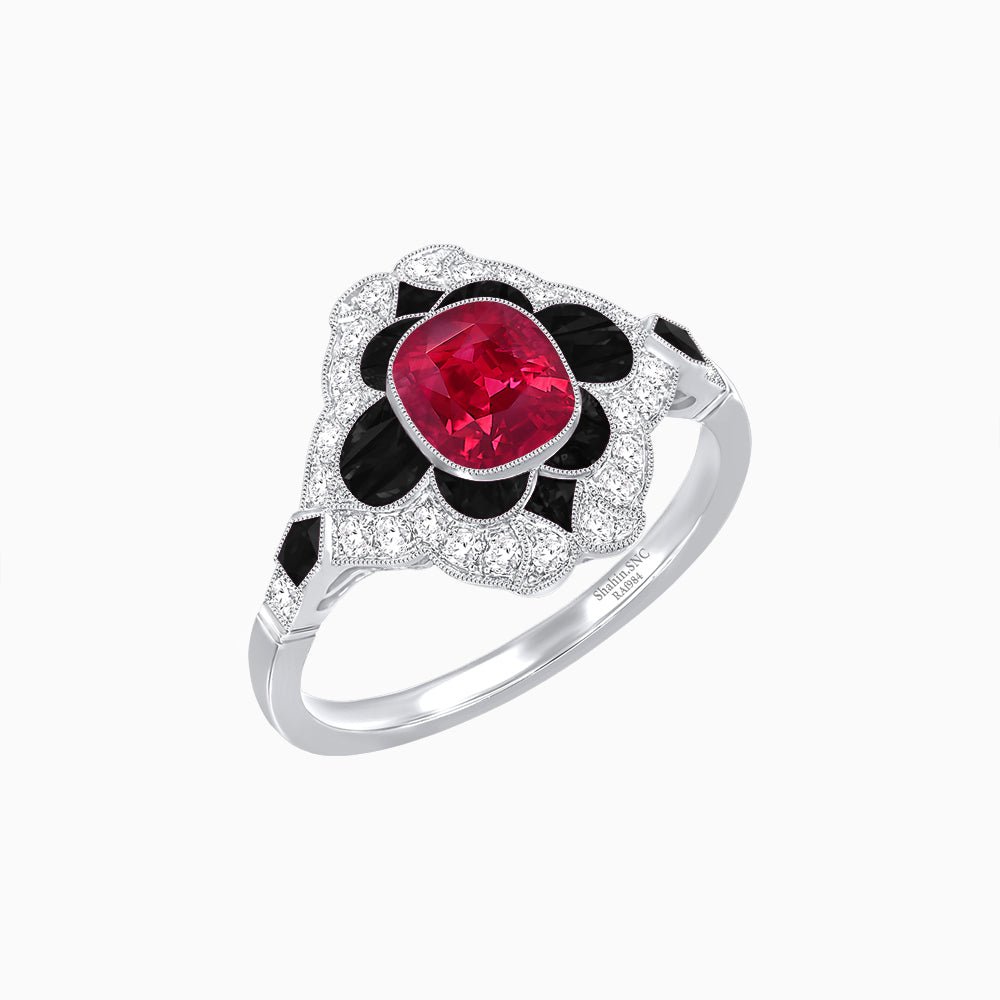 Vintage Floral Halo Ring Mounting with Cushion Cut Center Stone and Diamond Accents - Shahin Jewelry