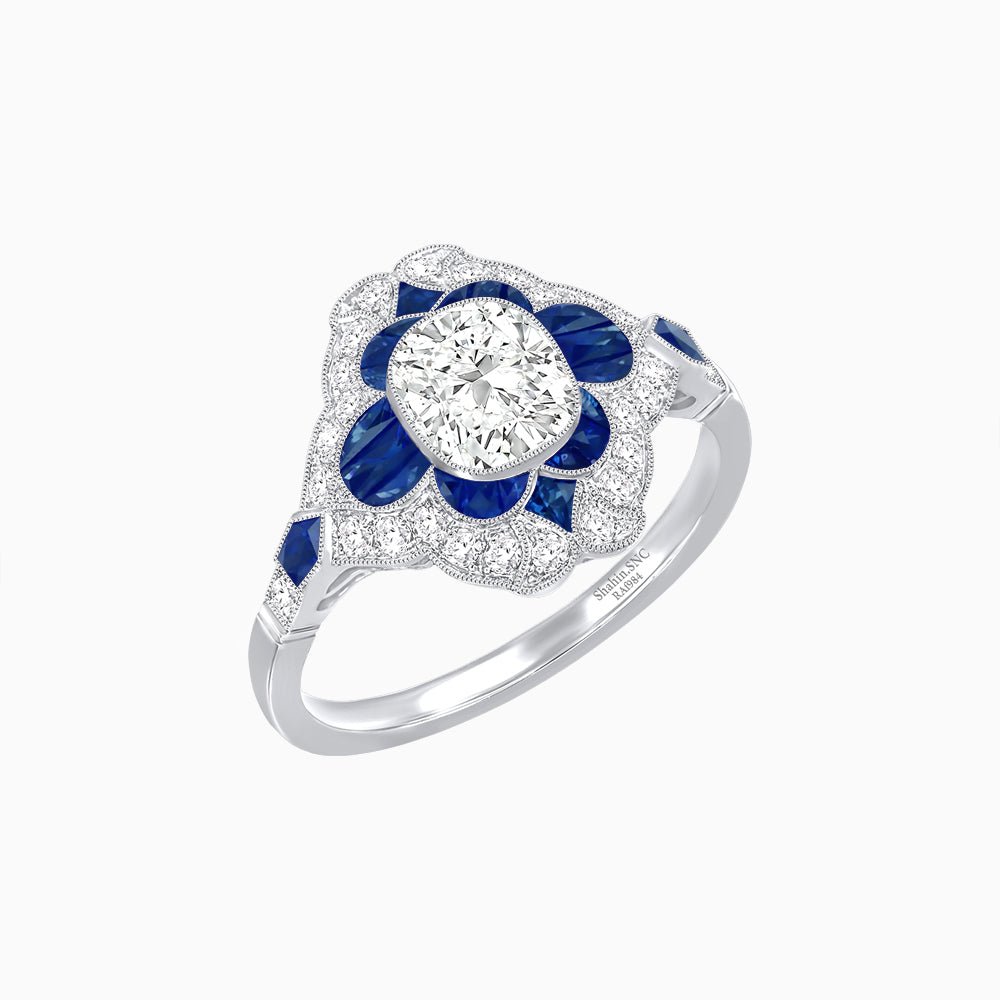 Vintage Floral Halo Ring Mounting with Cushion Cut Center Stone and Diamond Accents - Shahin Jewelry