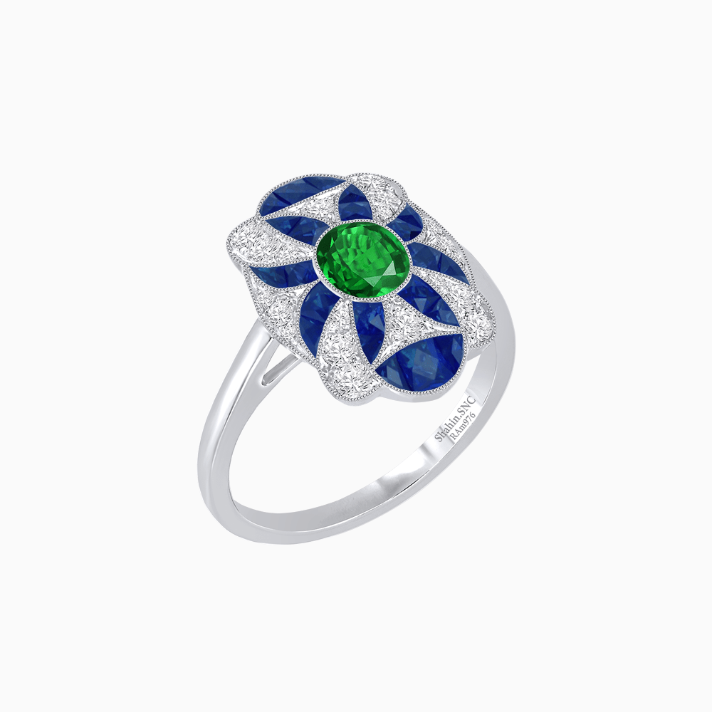 Vintage Floral Ring Mounting with Oval Center Stone, Calibre-Cut Gemstone Accents and Diamond Details - Shahin Jewelry