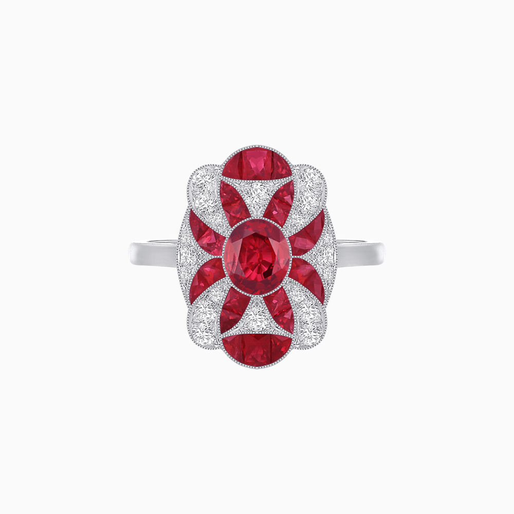 Vintage Floral Ring Mounting with Oval Center Stone, Calibre-Cut Gemstone Accents and Diamond Details - Shahin Jewelry