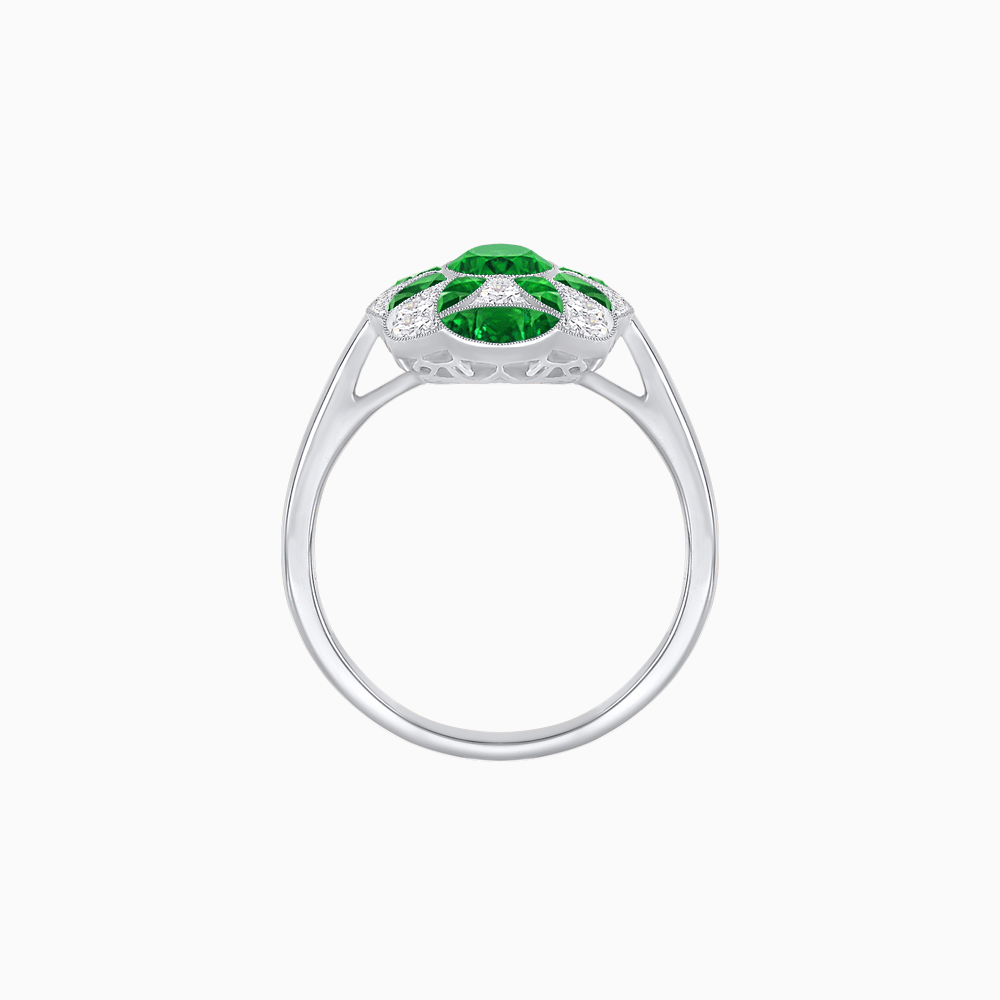Vintage Floral Ring Mounting with Oval Center Stone, Calibre-Cut Gemstone Accents and Diamond Details - Shahin Jewelry