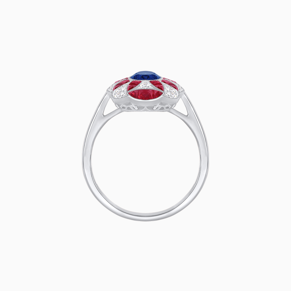 Vintage Floral Ring Mounting with Oval Center Stone, Calibre-Cut Gemstone Accents and Diamond Details - Shahin Jewelry