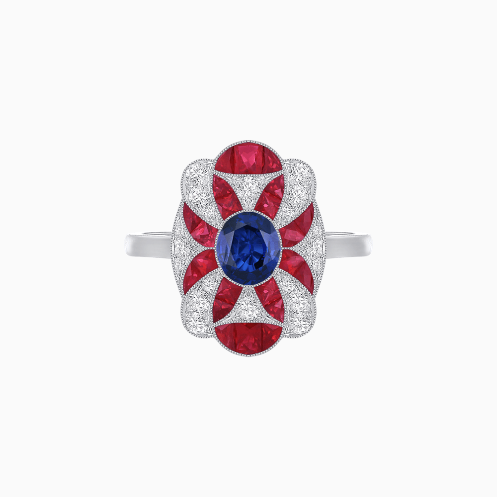 Vintage Floral Ring Mounting with Oval Center Stone, Calibre-Cut Gemstone Accents and Diamond Details - Shahin Jewelry