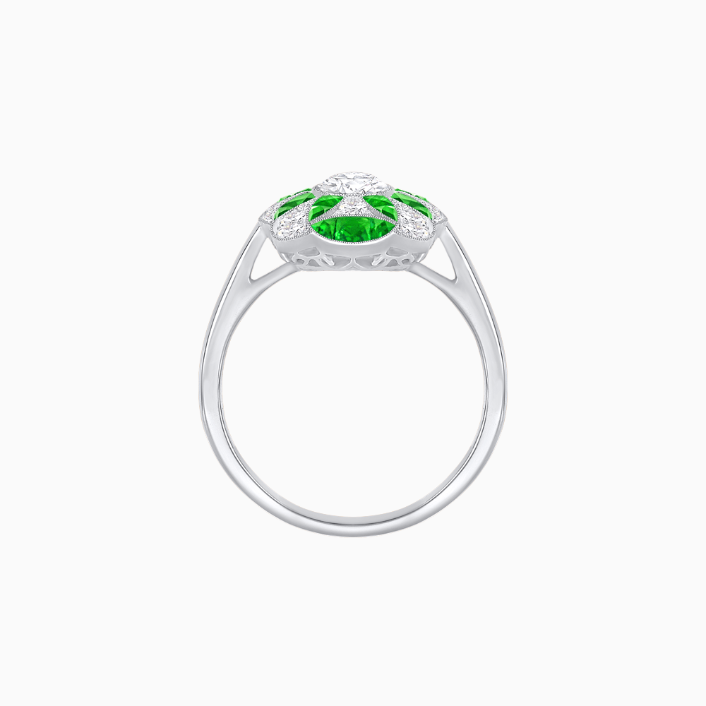 Vintage Floral Ring Mounting with Oval Center Stone, Calibre-Cut Gemstone Accents and Diamond Details - Shahin Jewelry