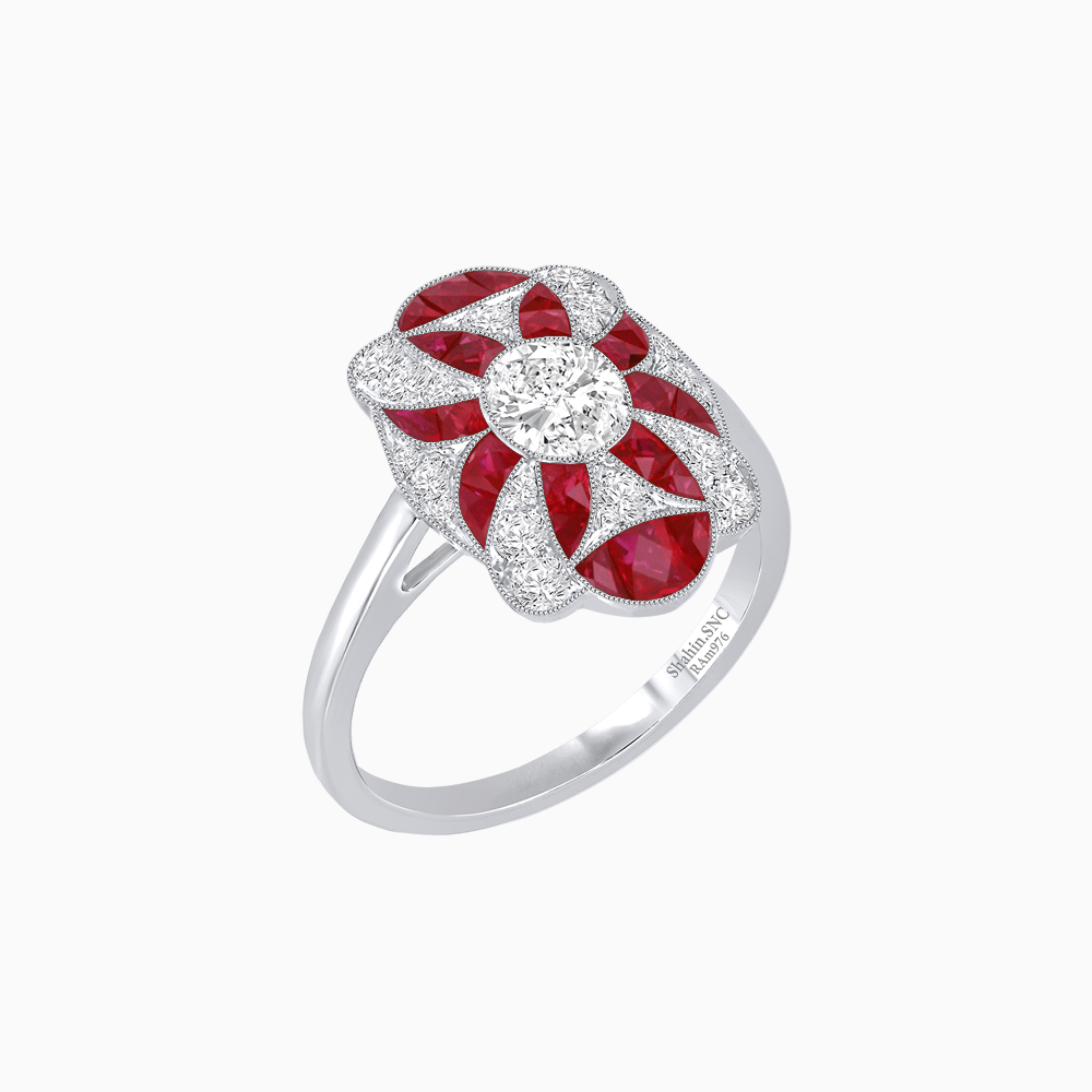 Vintage Floral Ring Mounting with Oval Center Stone, Calibre-Cut Gemstone Accents and Diamond Details - Shahin Jewelry