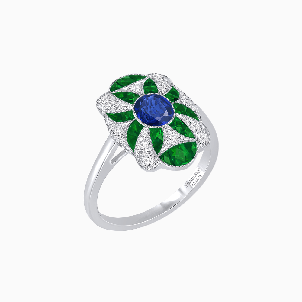 Vintage Floral Ring Mounting with Oval Center Stone, Calibre-Cut Gemstone Accents and Diamond Details - Shahin Jewelry
