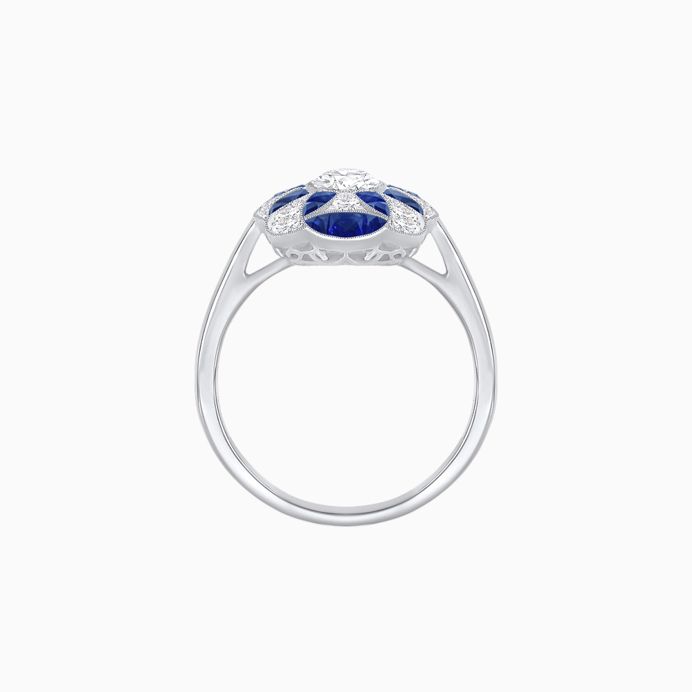 Vintage Floral Ring Mounting with Oval Center Stone, Calibre-Cut Gemstone Accents and Diamond Details - Shahin Jewelry
