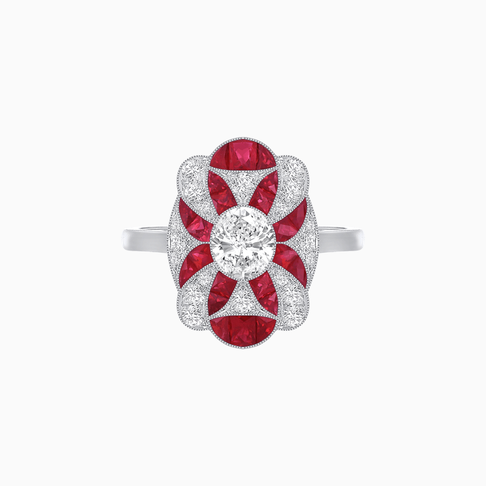 Vintage Floral Ring Mounting with Oval Center Stone, Calibre-Cut Gemstone Accents and Diamond Details - Shahin Jewelry