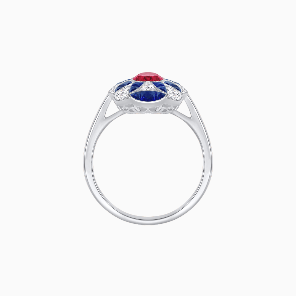 Vintage Floral Ring Mounting with Oval Center Stone, Calibre-Cut Gemstone Accents and Diamond Details - Shahin Jewelry