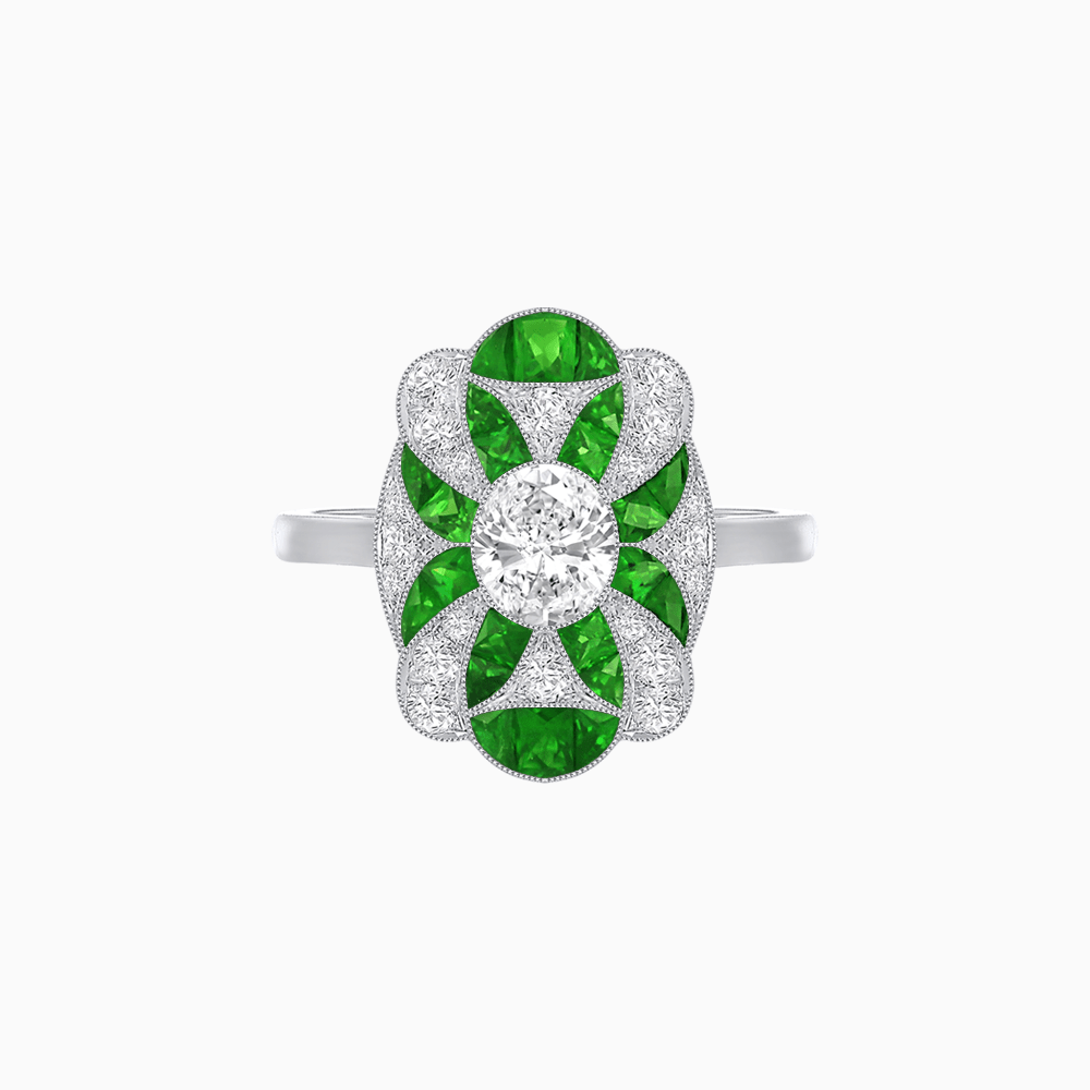 Vintage Floral Ring Mounting with Oval Center Stone, Calibre-Cut Gemstone Accents and Diamond Details - Shahin Jewelry