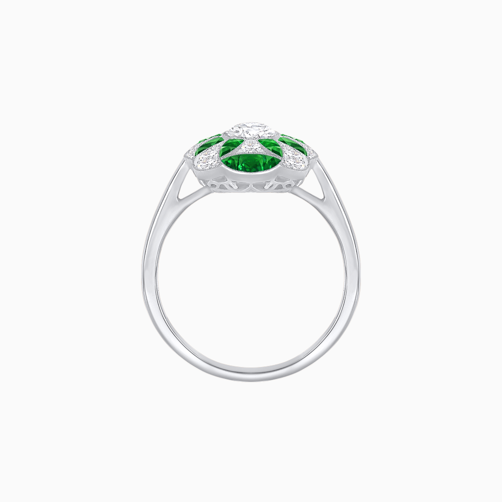 Vintage Floral Ring Mounting with Oval Center Stone, Calibre-Cut Gemstone Accents and Diamond Details - Shahin Jewelry