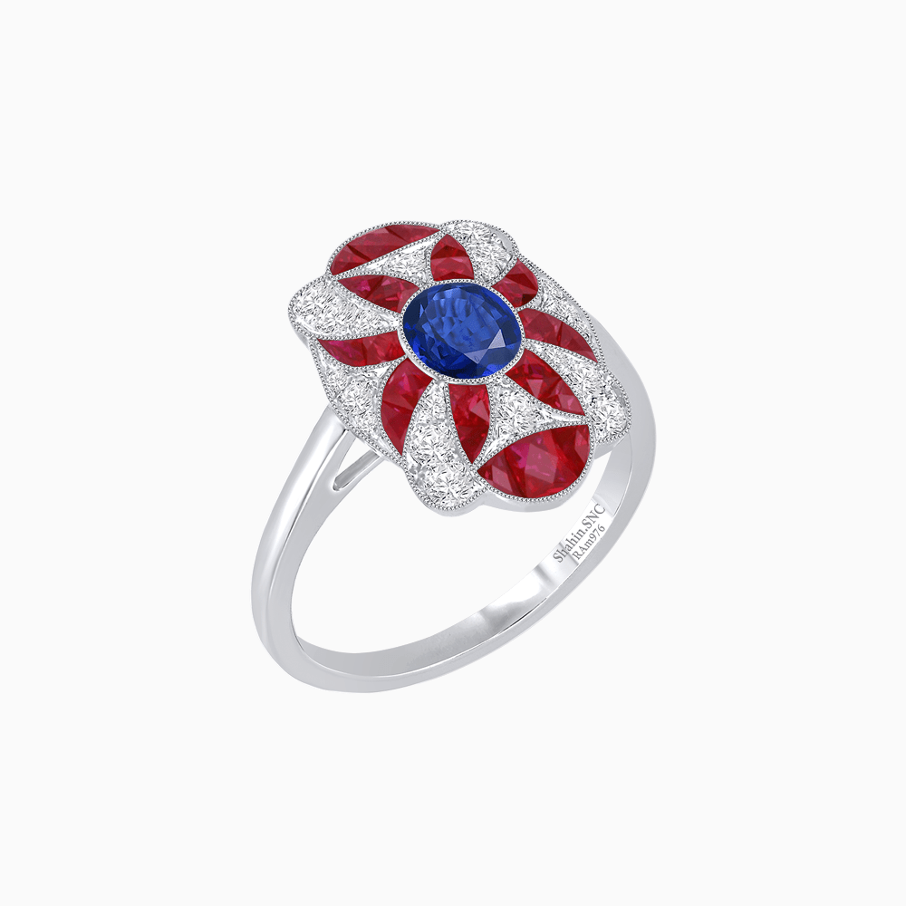 Vintage Floral Ring Mounting with Oval Center Stone, Calibre-Cut Gemstone Accents and Diamond Details - Shahin Jewelry