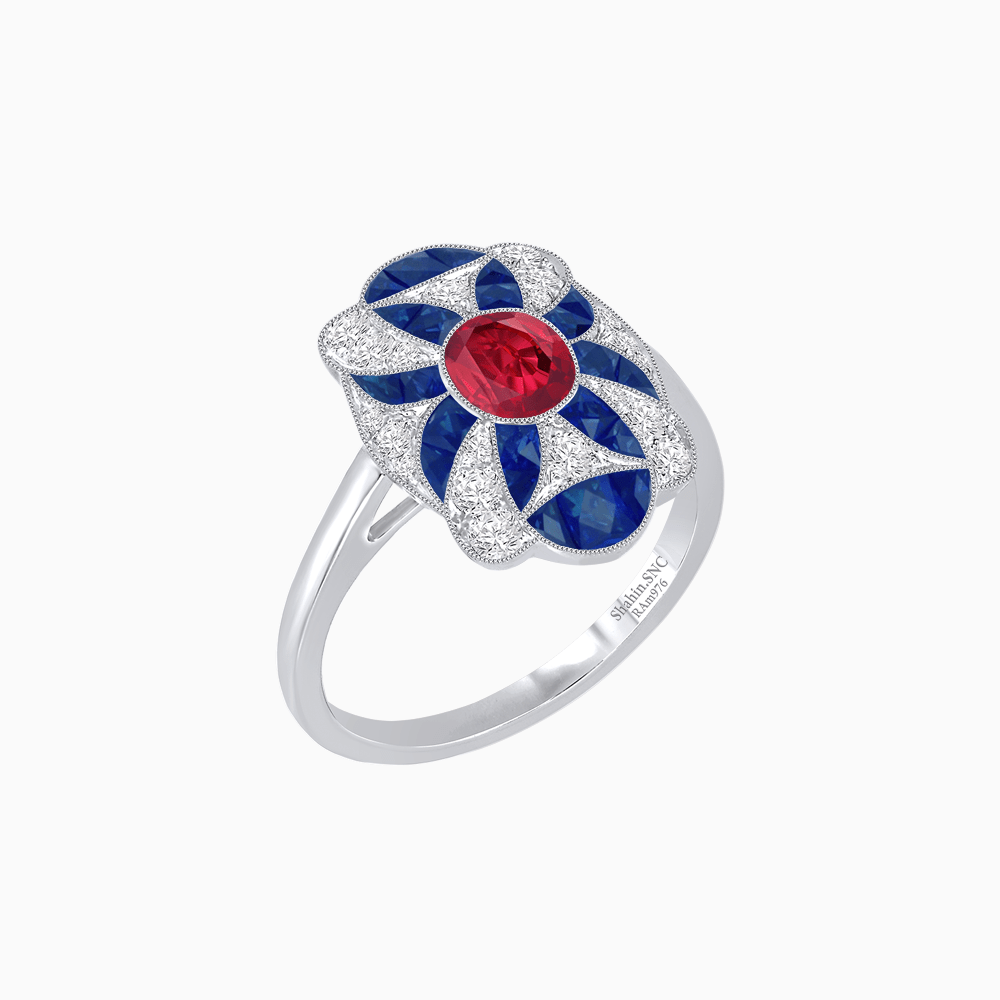 Vintage Floral Ring Mounting with Oval Center Stone, Calibre-Cut Gemstone Accents and Diamond Details - Shahin Jewelry