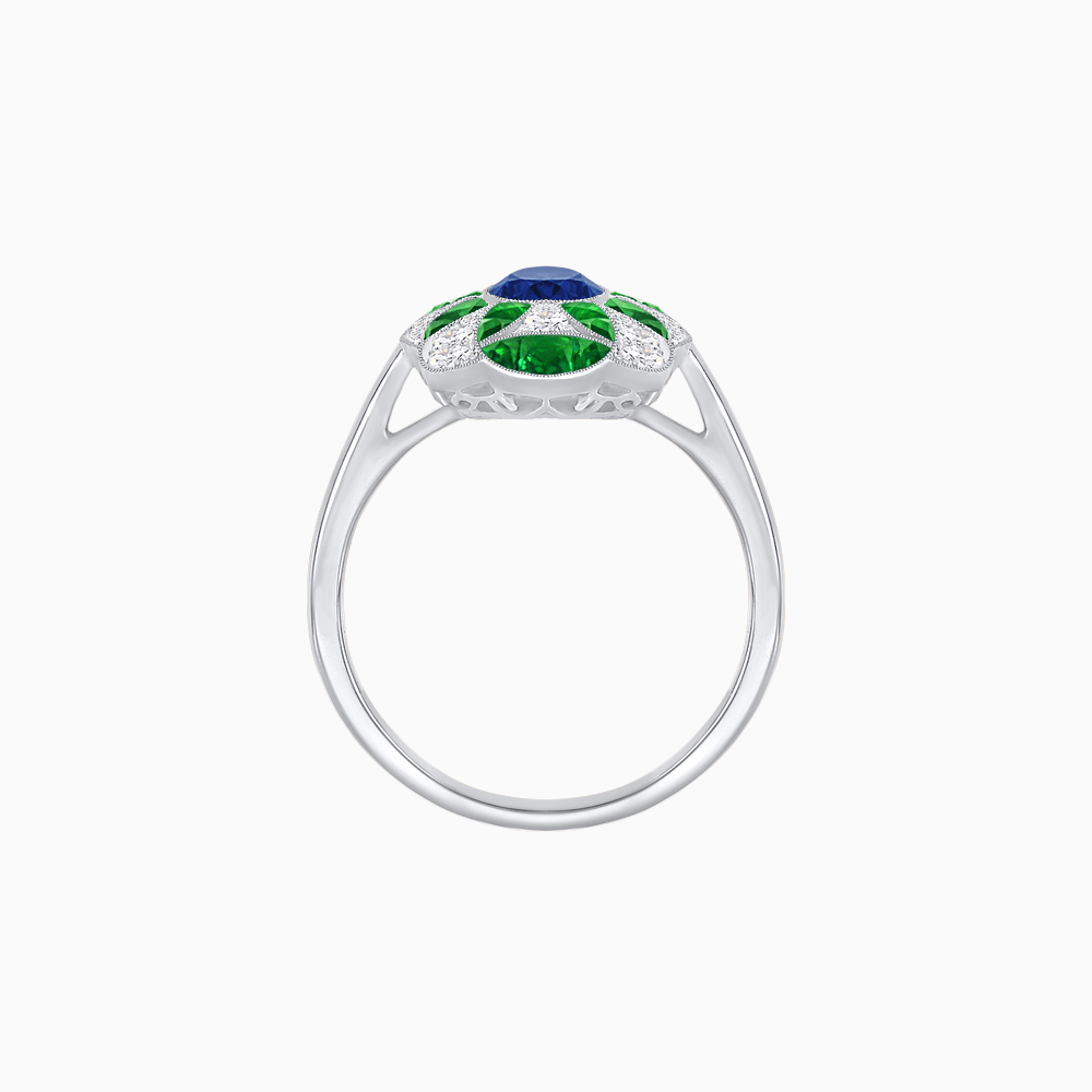 Vintage Floral Ring Mounting with Oval Center Stone, Calibre-Cut Gemstone Accents and Diamond Details - Shahin Jewelry