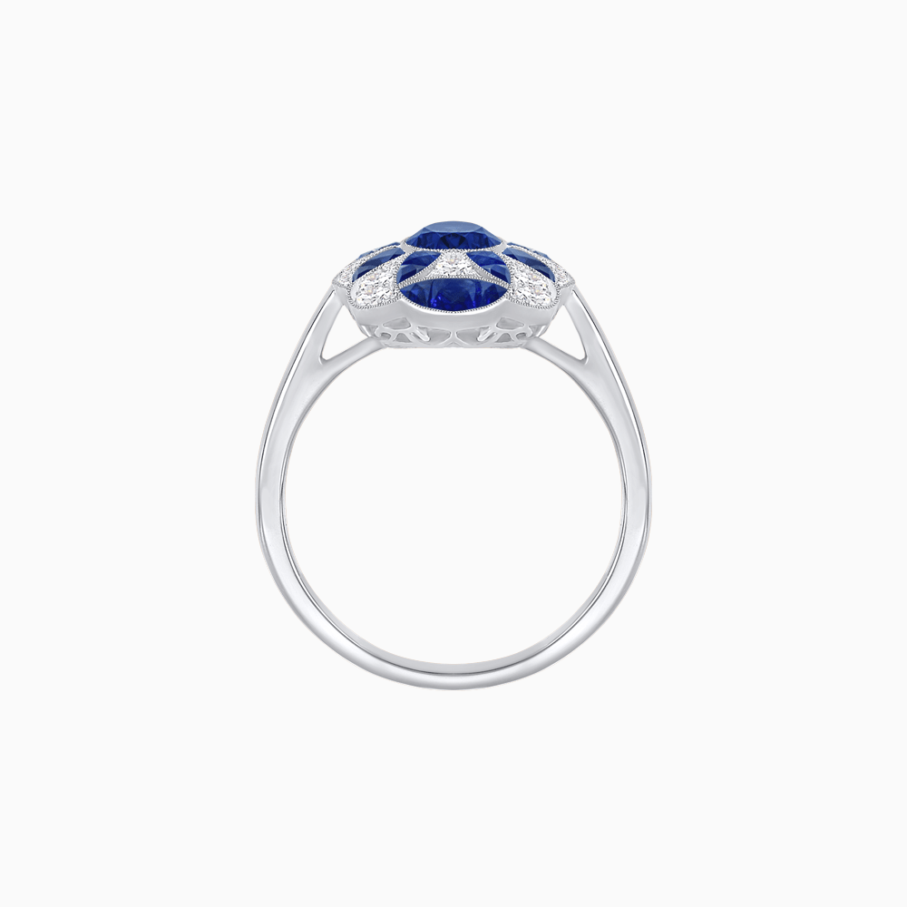 Vintage Floral Ring Mounting with Oval Center Stone, Calibre-Cut Gemstone Accents and Diamond Details - Shahin Jewelry