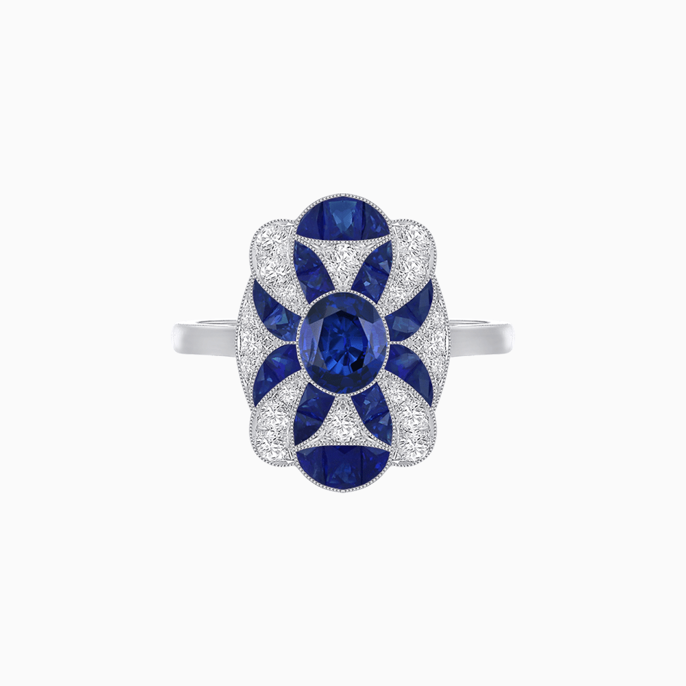 Vintage Floral Ring Mounting with Oval Center Stone, Calibre-Cut Gemstone Accents and Diamond Details - Shahin Jewelry