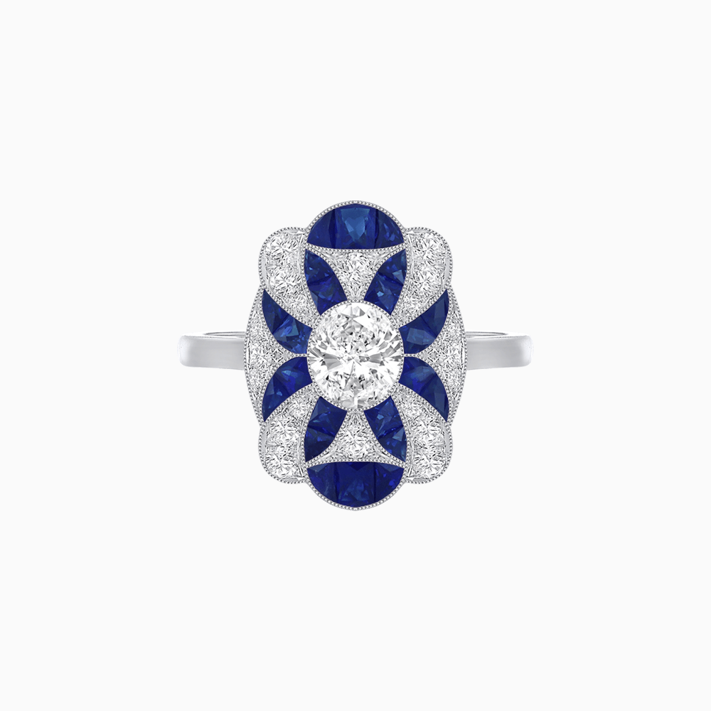 Vintage Floral Ring Mounting with Oval Center Stone, Calibre-Cut Gemstone Accents and Diamond Details - Shahin Jewelry