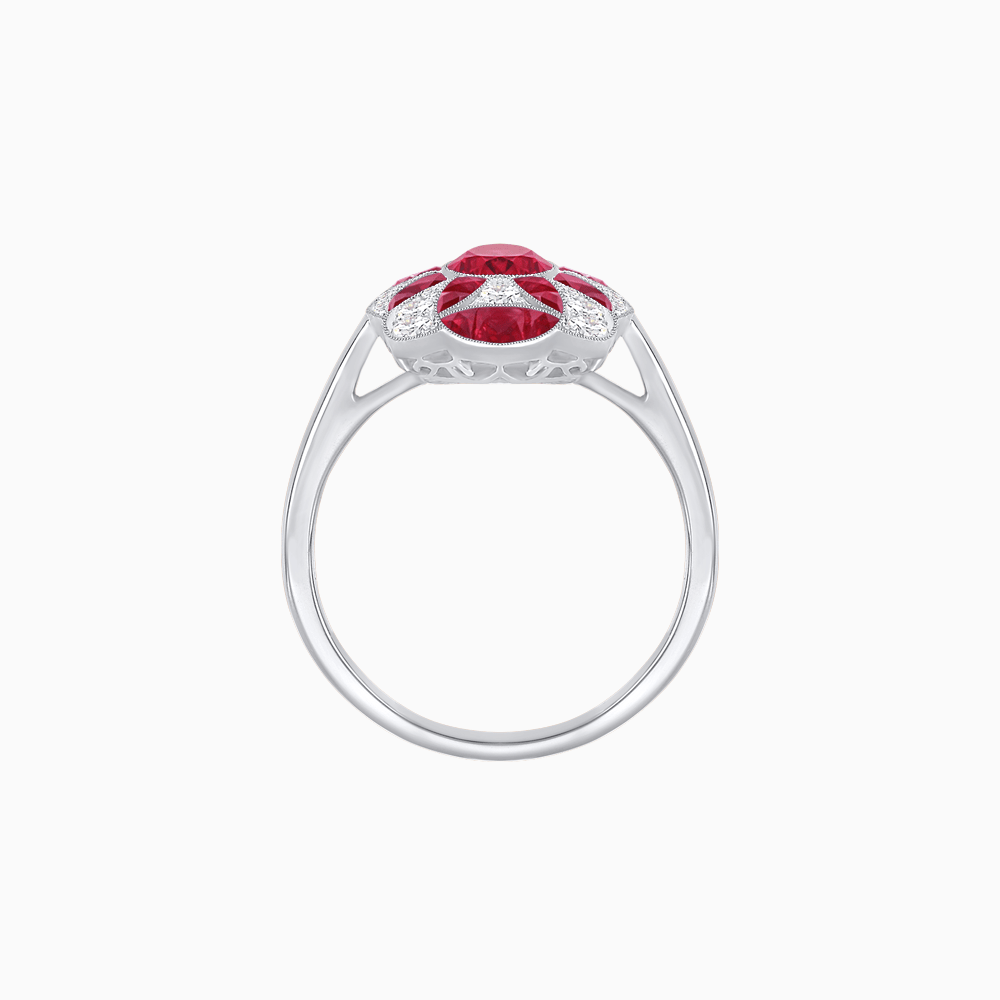 Vintage Floral Ring Mounting with Oval Center Stone, Calibre-Cut Gemstone Accents and Diamond Details - Shahin Jewelry