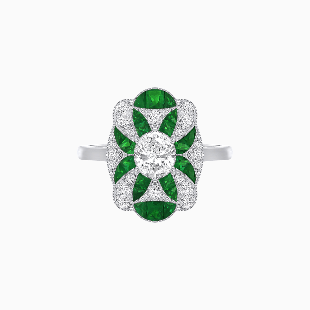 Vintage Floral Ring Mounting with Oval Center Stone, Calibre-Cut Gemstone Accents and Diamond Details - Shahin Jewelry