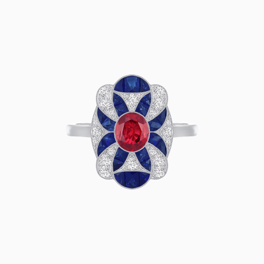 Vintage Floral Ring Mounting with Oval Center Stone, Calibre-Cut Gemstone Accents and Diamond Details - Shahin Jewelry