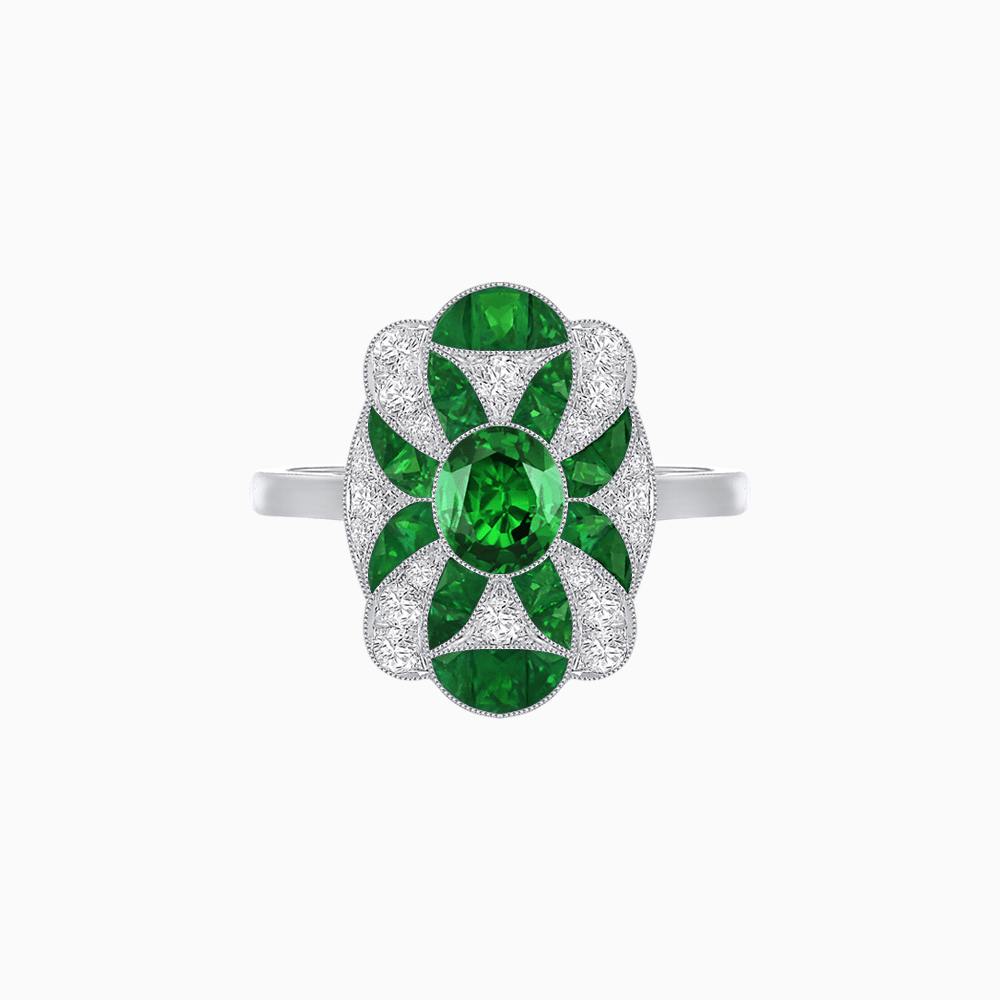 Vintage Floral Ring Mounting with Oval Center Stone, Calibre-Cut Gemstone Accents and Diamond Details - Shahin Jewelry