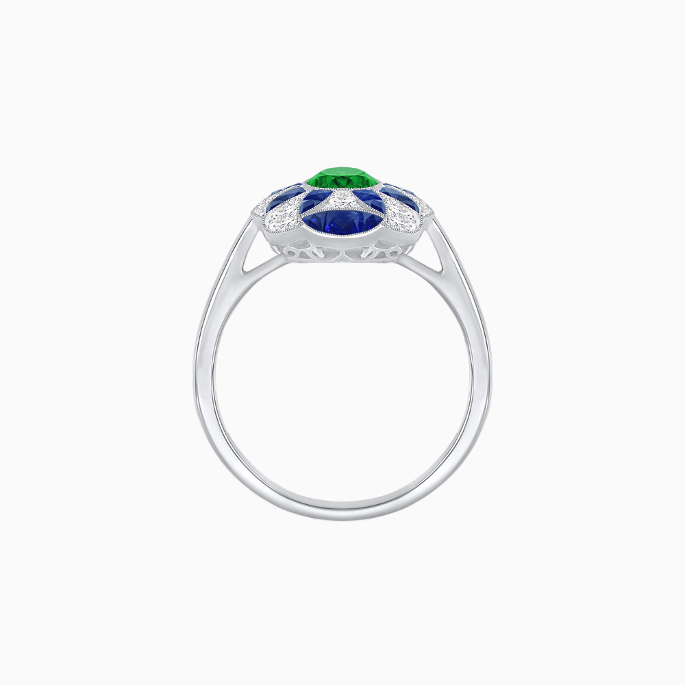 Vintage Floral Ring Mounting with Oval Center Stone, Calibre-Cut Gemstone Accents and Diamond Details - Shahin Jewelry