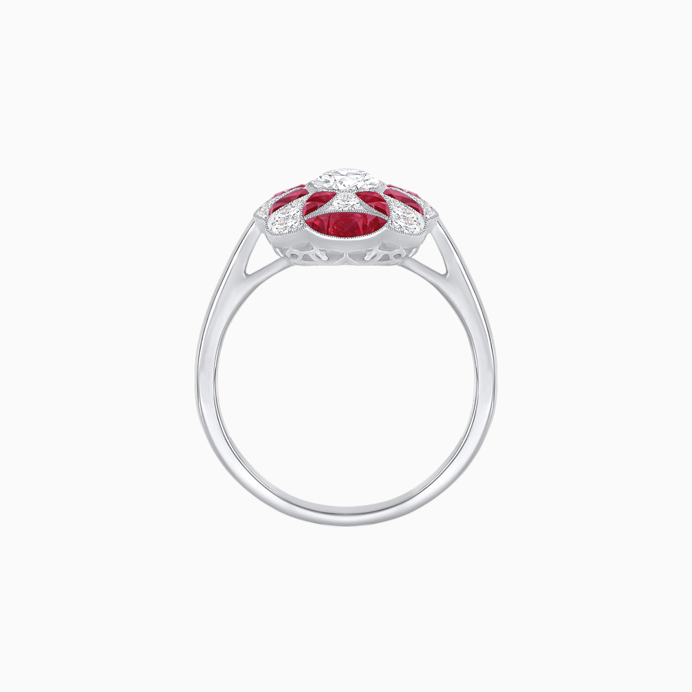 Vintage Floral Ring Mounting with Oval Center Stone, Calibre-Cut Gemstone Accents and Diamond Details - Shahin Jewelry
