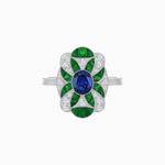 Load image into Gallery viewer, Vintage Floral Ring Mounting with Oval Center Stone, Calibre-Cut Gemstone Accents and Diamond Details - Shahin Jewelry